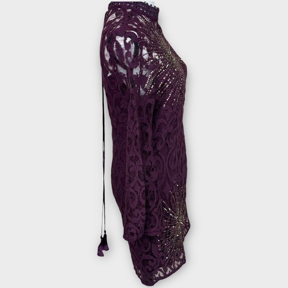 Free‎ People North Star Bell Sleeve Sequined Lace Plum Mini Dress Women's 4 - Picture 3 of 13